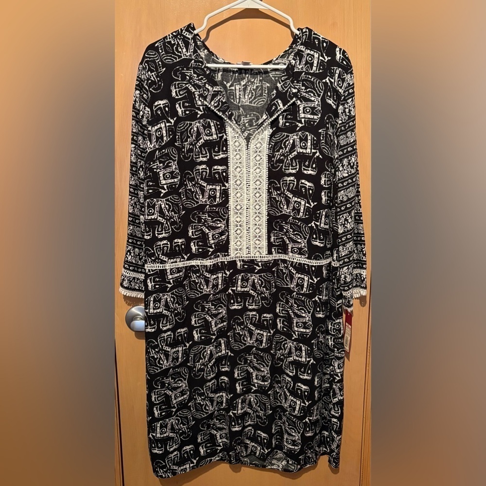Merona Black & White Elephant Batik Print Long Sleeve Rayon Dress XL NWT
